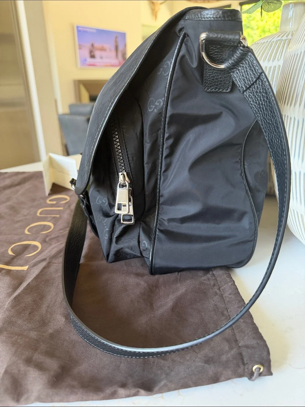 Gucci Black GG Nylon Messenger Bag with Leather Trim